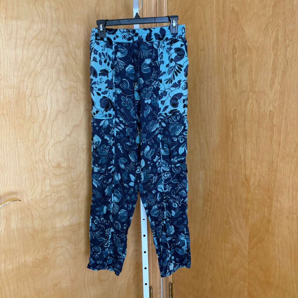 Anthropologie Blue Floral Wide Leg Pants XS Tassel Drawstring Lightweight